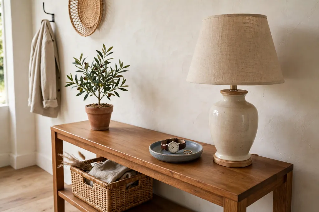 Entry console with a small dish holding a watch and a ring beside a lamp.