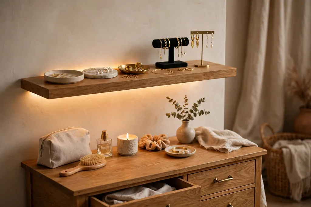 Dressing table with a lighted shelf above it holding jewelry dishes and stands in warm light.