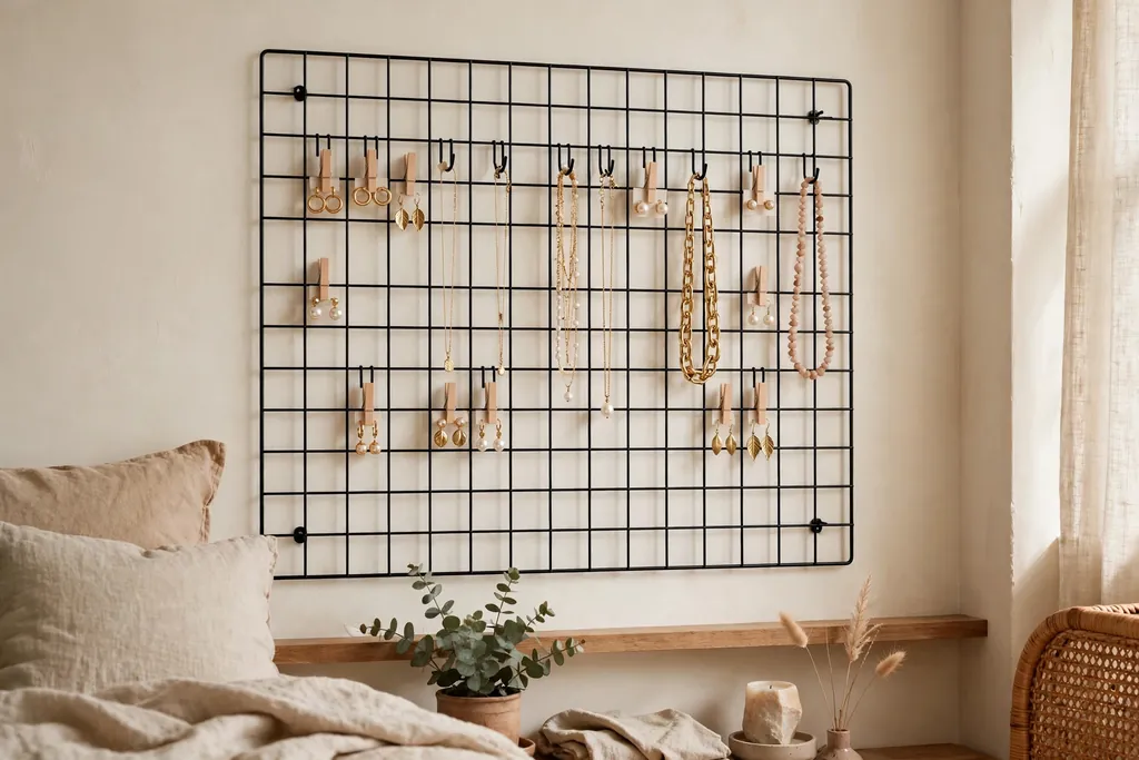 Bedroom wall with a metal grid panel holding necklaces on hooks and earrings on clips.