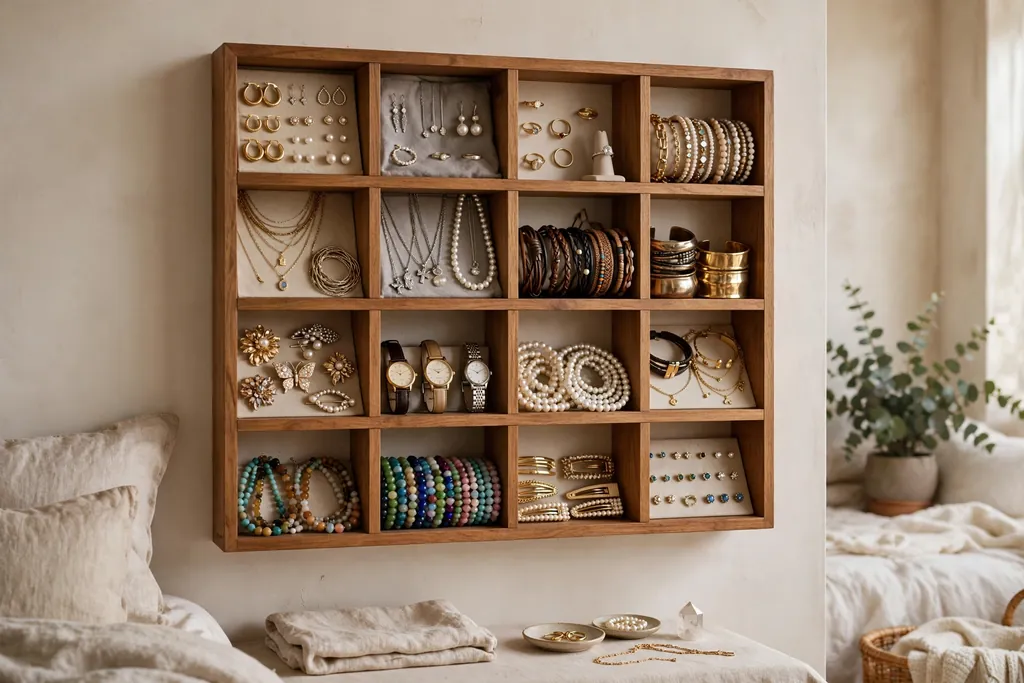 Bedroom wall with a cubby shelf sorting jewelry by type in separate openings.