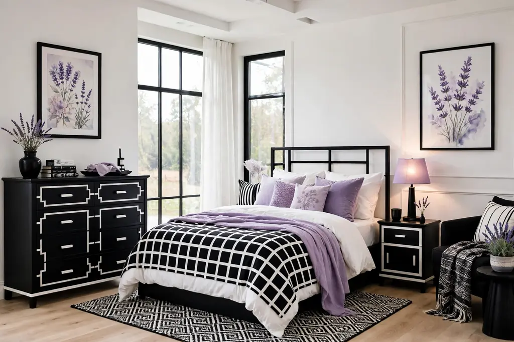 Bedroom with black and white furniture and lavender accents in bedding, art, and a lamp.
