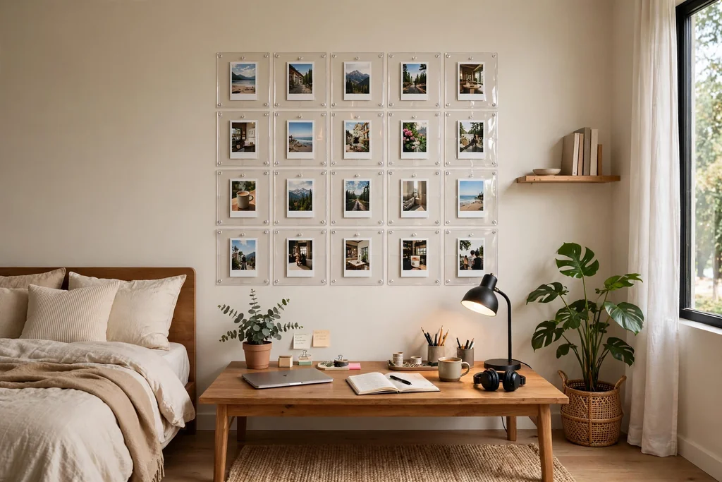 Bedroom wall with a neat grid of small photo cards in clear sleeves above a desk.