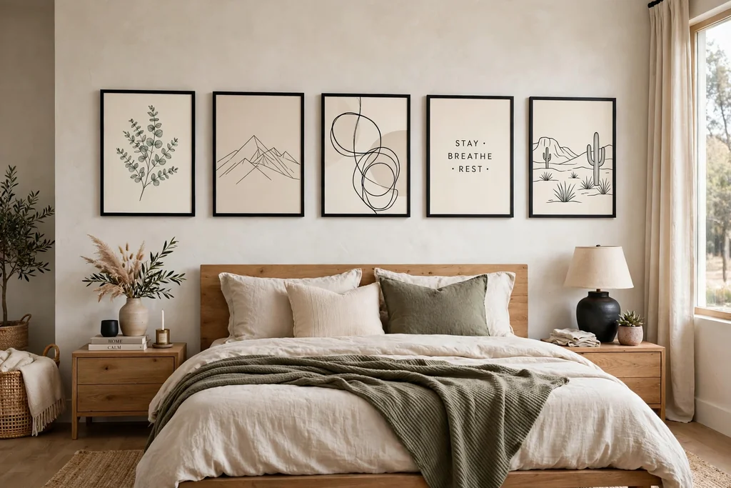 Bedroom wall with posters in matching black frames hung in a row above a bed.