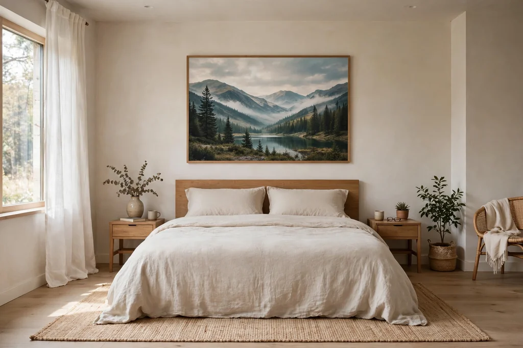 Bedroom with one large poster centred above a bed with plain bedding.