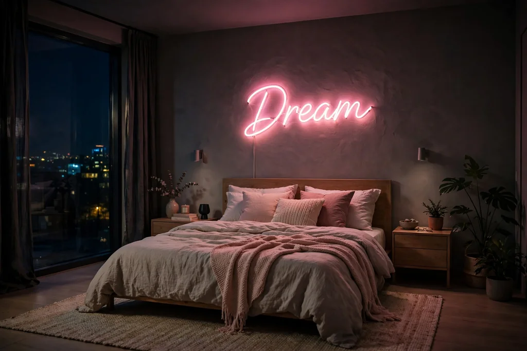 Bedroom at night with a soft pink neon style word sign glowing above a bed.