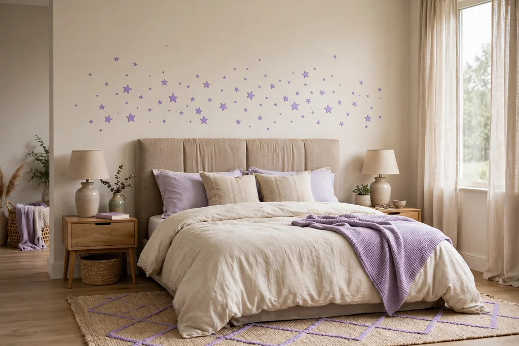 Bedroom bed wall with small star decals in lavender above a headboard.