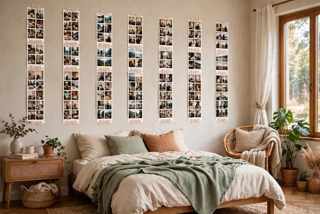 Bedroom wall with columns of small photo strips taped in matching washi tape.