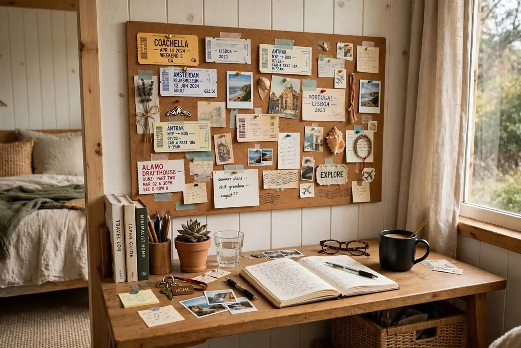 Bedroom desk wall with a cork memory board holding ticket stubs and small keepsakes.
