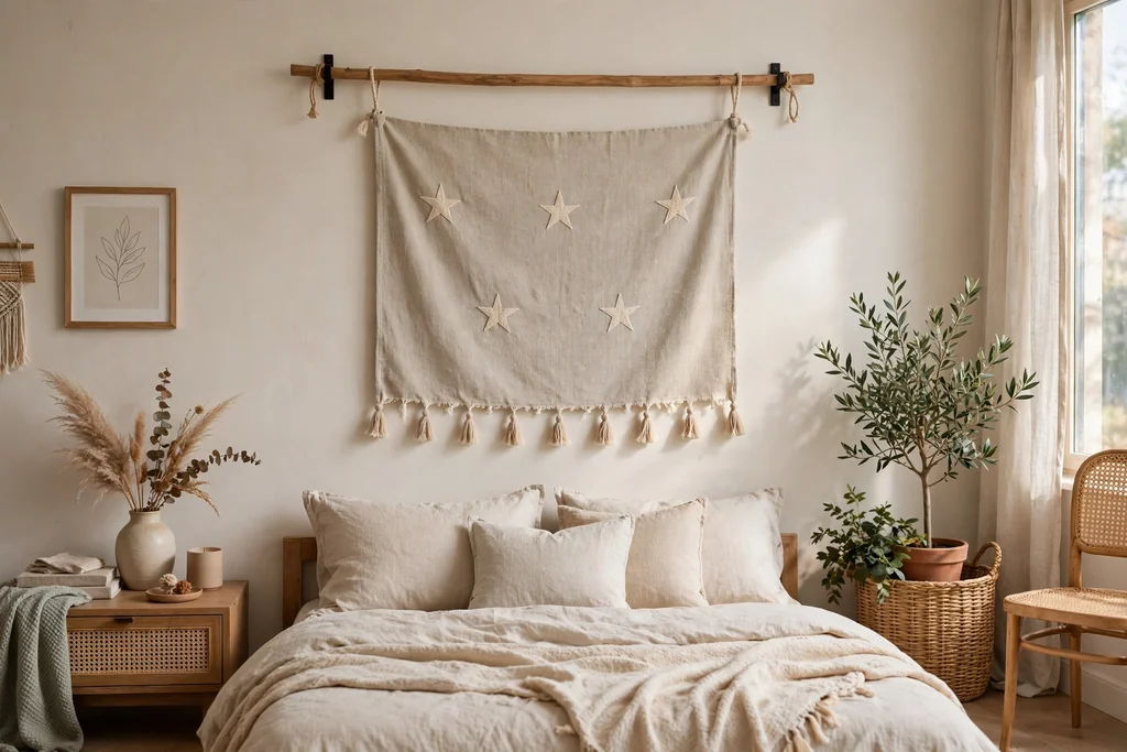 Bedroom wall with a fabric banner in a simple star pattern hanging from a wood dowel.
