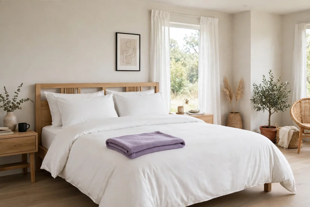 Bed with plain white bedding and one lavender throw folded at the foot.