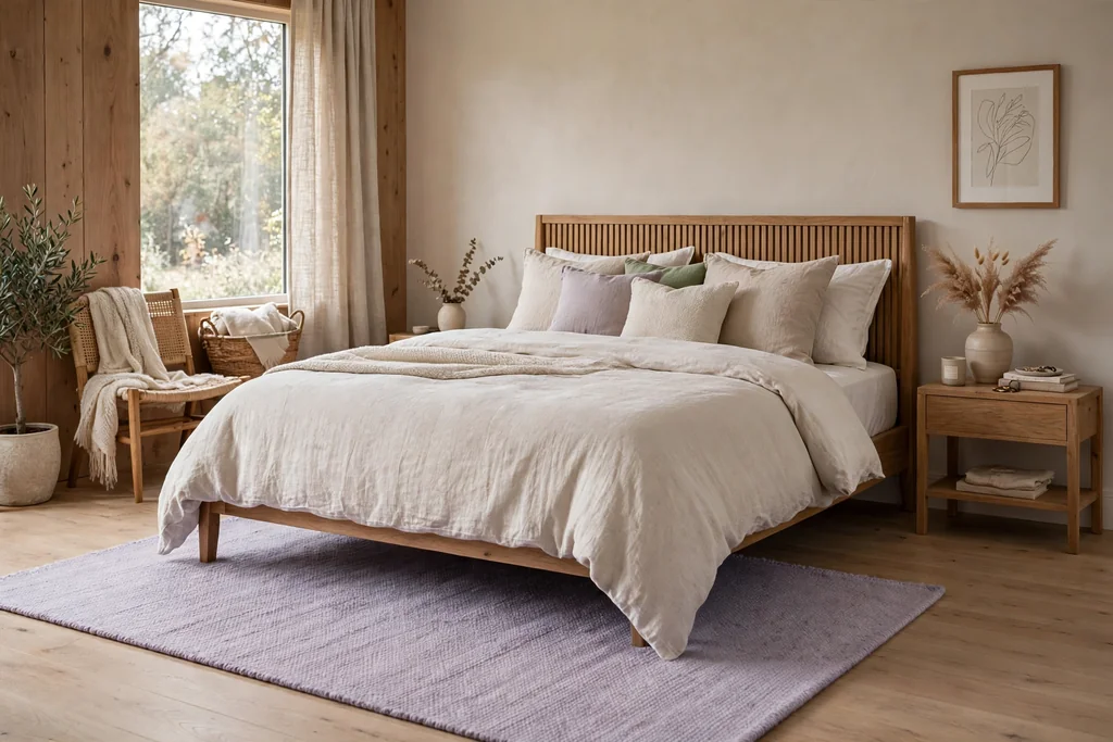 Bedroom with a soft lavender rug under the lower half of a bed.