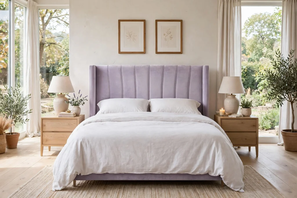 Bedroom bed with a lavender velvet upholstered headboard and plain bedding.