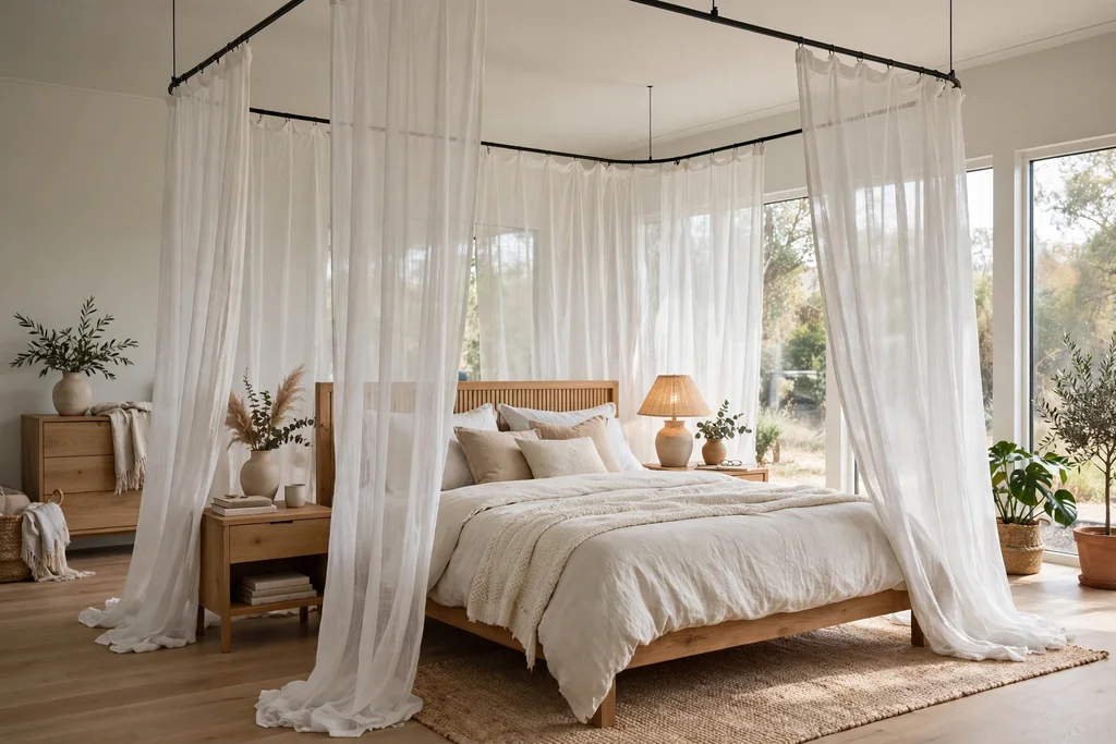 Bed with sheer white curtains draped from a ceiling track around the bed frame.