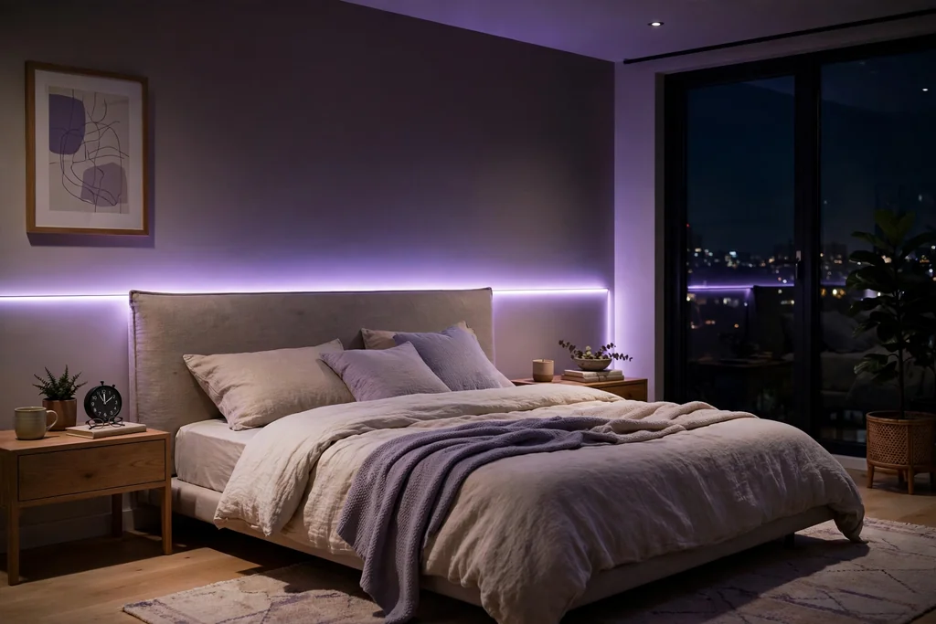 Bedroom at night with a soft lavender LED strip glowing behind a headboard.
