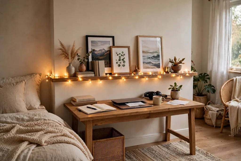 Bedroom shelf with warm string lights glowing along a picture ledge above a desk.