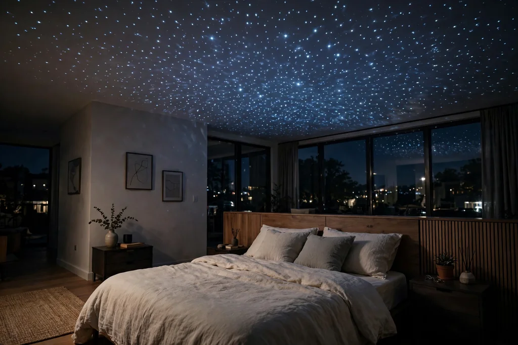 Bedroom ceiling at night with small glowing star dots projected above a bed.