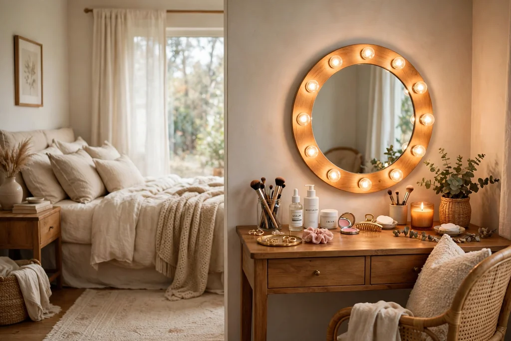 Bedroom vanity corner with a round mirror ringed with warm bulbs on a desk.