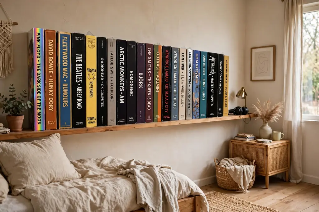 Bedroom shelf with music albums standing upright with spines facing out.