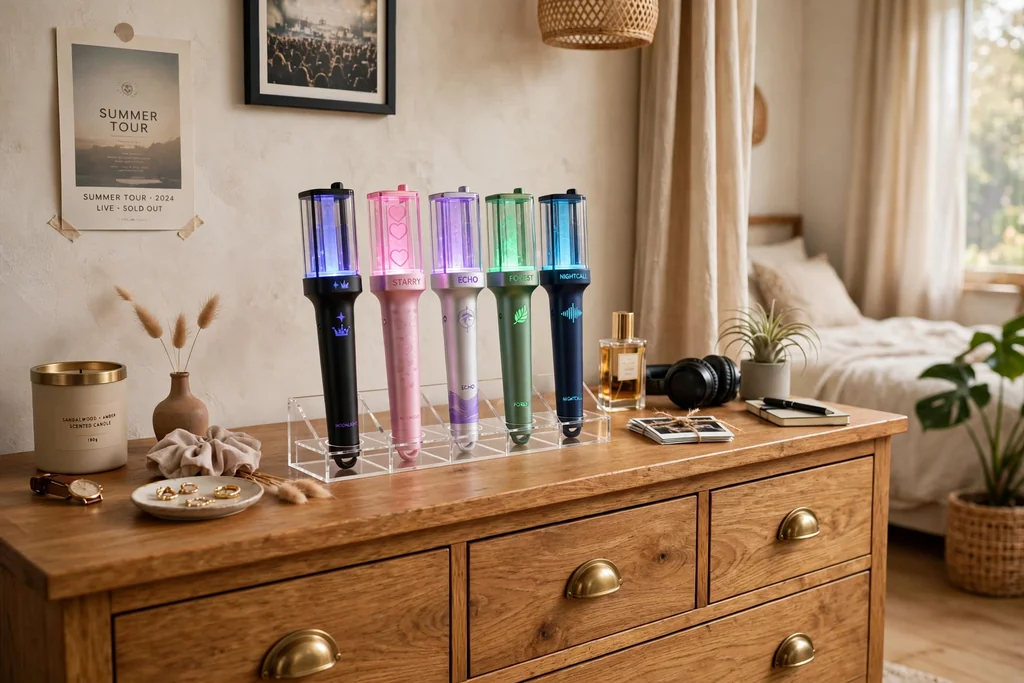 Dresser top with lightsticks standing upright in a small display stand.