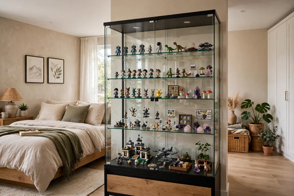 Bedroom glass display case holding small figures and collectibles on shelves.