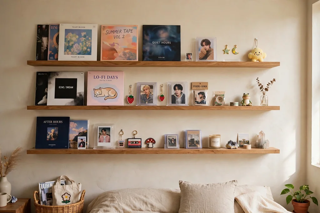 Bedroom wall with floating shelves holding albums, photo card stands, and small merch.