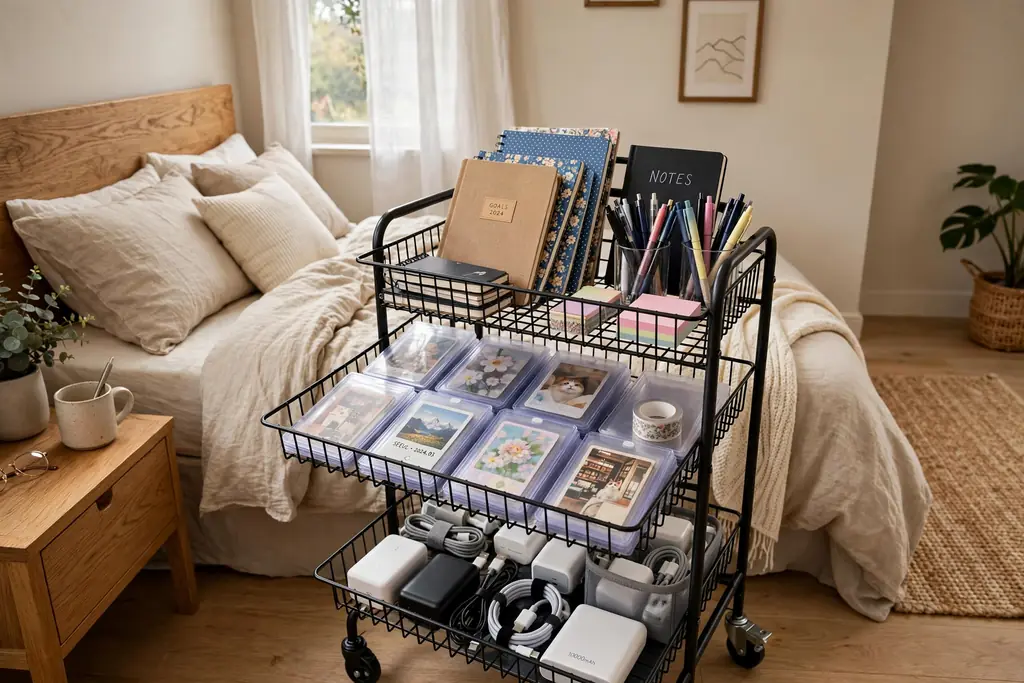Bedroom rolling cart with tiers holding notebooks, pens, photo card sleeves, and chargers.