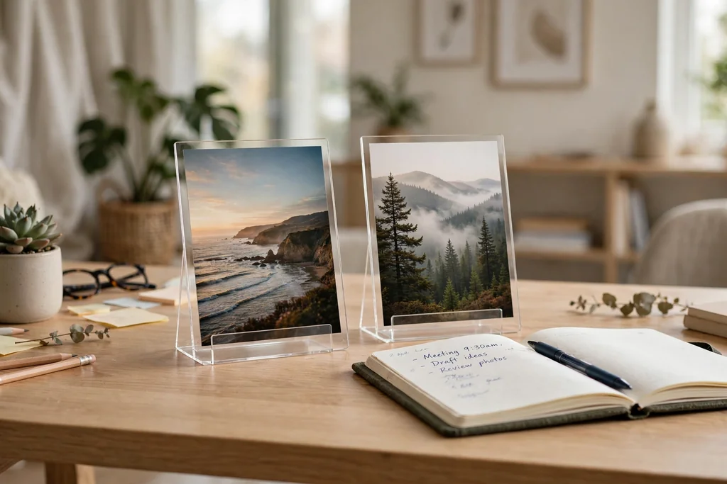 Desk with two photo cards standing in clear acrylic stands beside a notebook.
