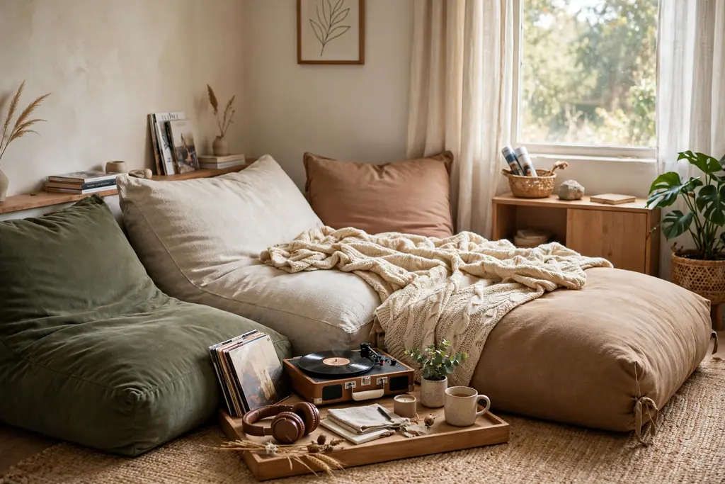 Bedroom corner with large floor cushions, a low tray, and a throw for listening to music.