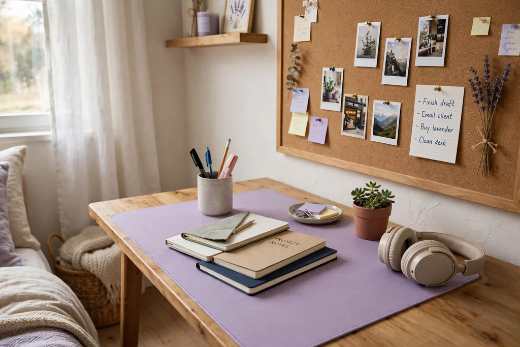 Bedroom desk corner with a lavender desk mat, pen cup, notebooks, and a pinboard.
