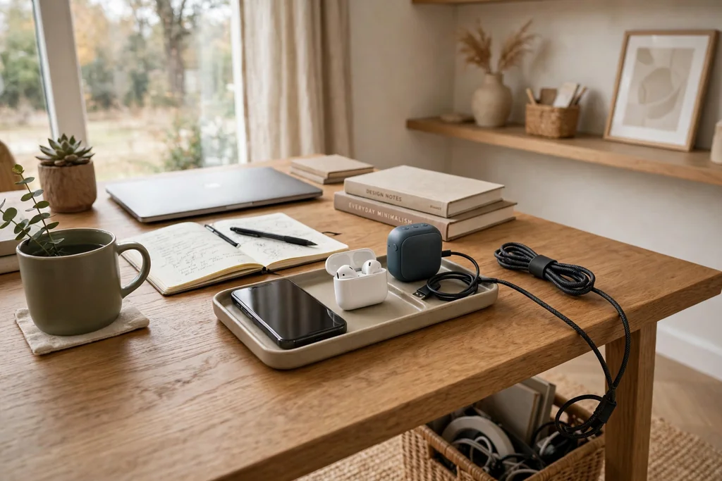 Desk with a small tray holding a phone, earbuds, and a speaker with tidy cables.