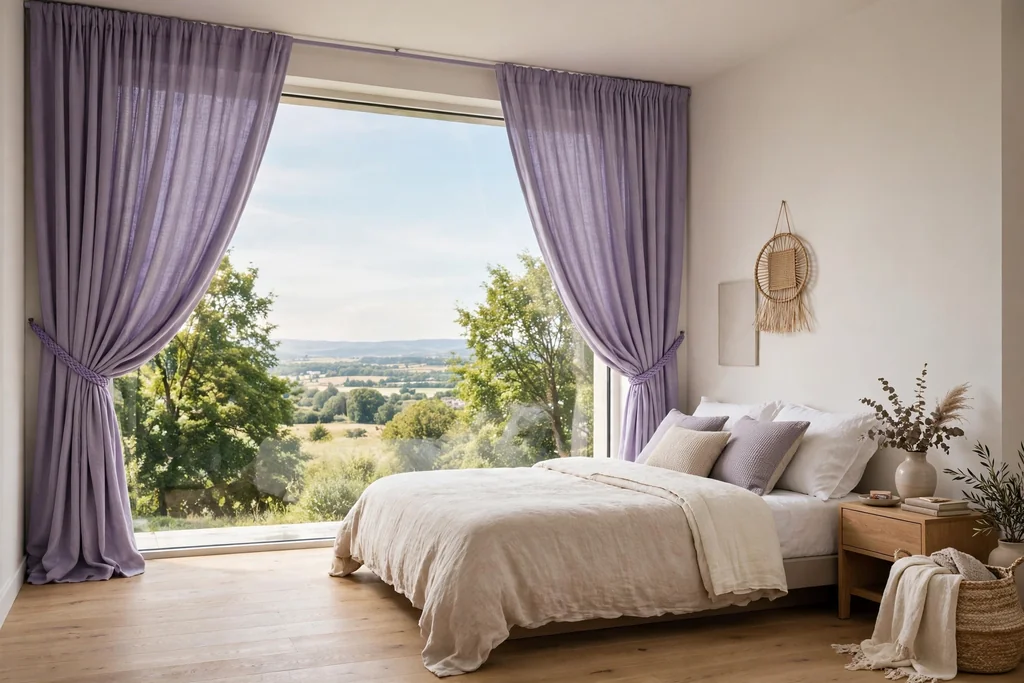 Bedroom window with lavender curtains hung high and wide beside a bed.