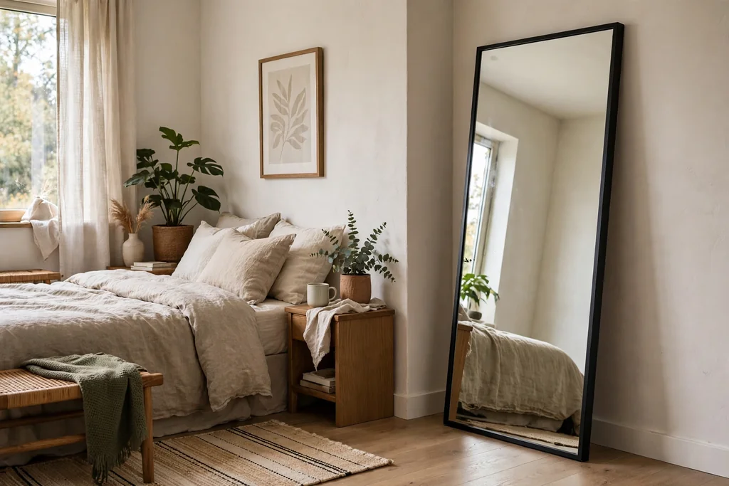 Bedroom corner with a full length mirror in a slim black frame leaning against a wall.