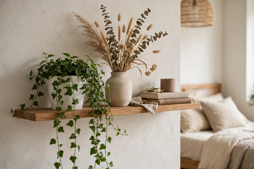Bedroom shelf with a trailing plant in a plain white pot beside a vase of dried stems.