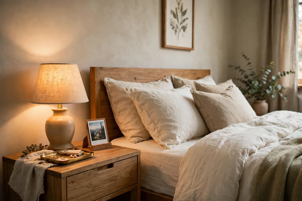 Nightstand with a warm lamp, a small tray, and one photo card stand beside a bed.