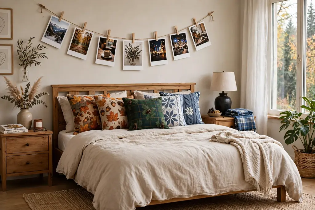 Bedroom bed with swapped seasonal cushion covers and a rotated photo card display.
