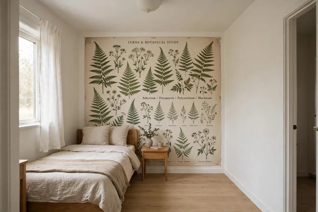Small bedroom with one poster feature wall, plain other walls, and clear floor space.