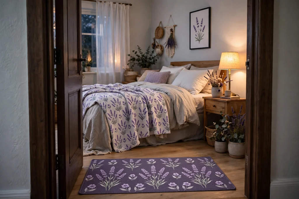Bedroom seen from the door with lavender repeated in a throw, poster mat, and light glow.