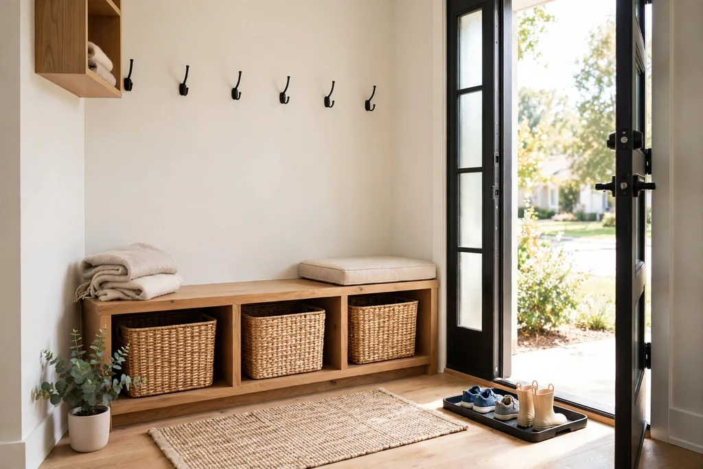 Entryway with child-height cubbies, hooks, labeled bins, and a shoe tray by the door.
