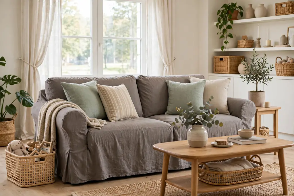 Living room with a washable slipcovered sofa in a mid tone and washable cushion covers.