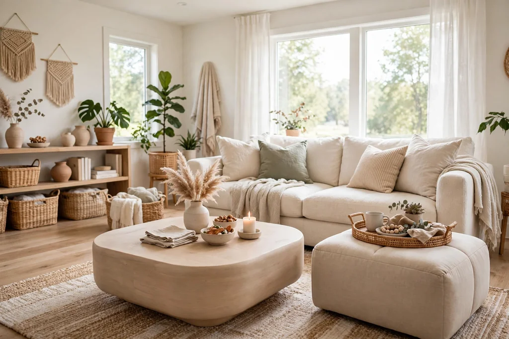 Family living room with a round soft-edge coffee table and a padded ottoman with a tray.
