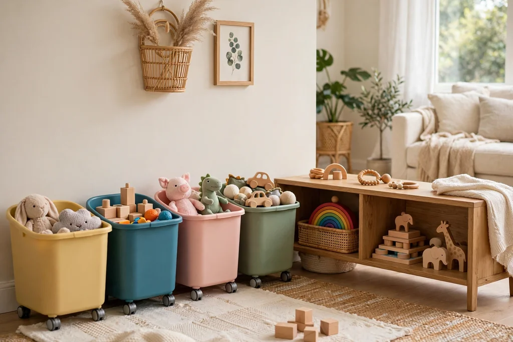 Play corner with rolling labeled toy bins in different colors beside a low shelf.