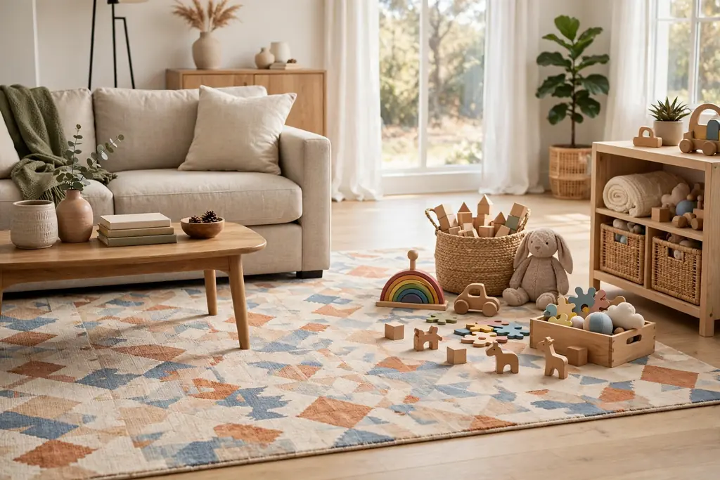 Family living room with a washable low-pile patterned rug under a sofa and play area.