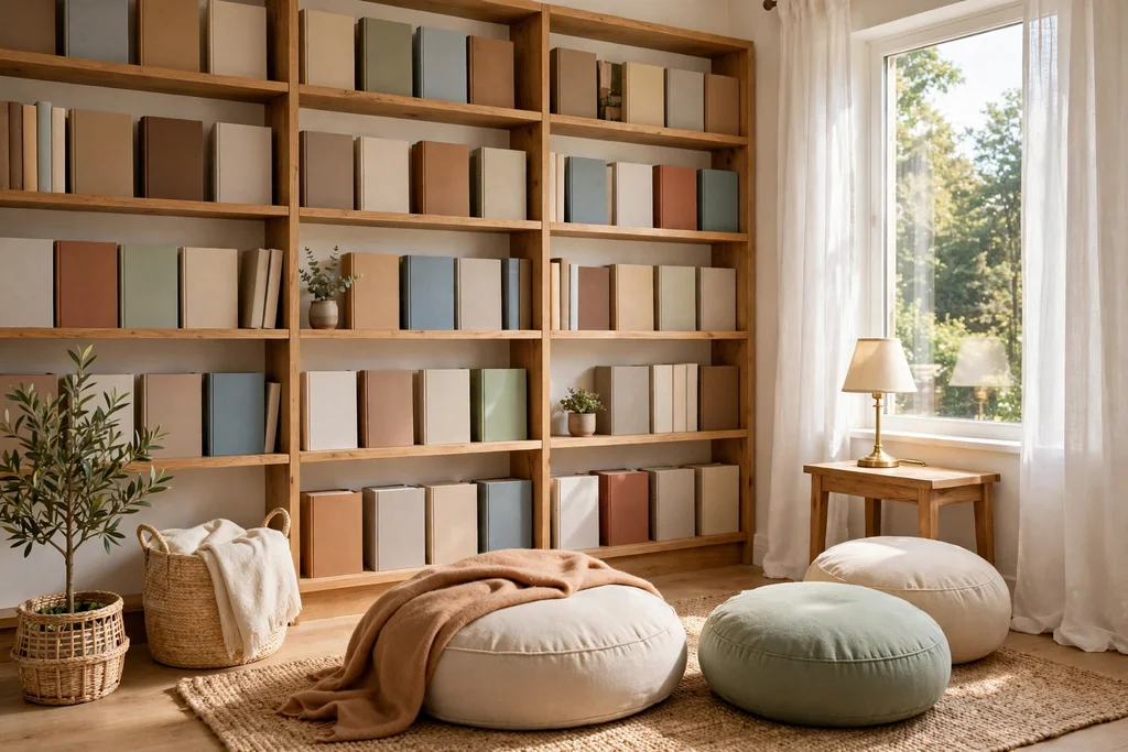 Reading nook with forward-facing book shelves, floor cushions, and a small lamp by a window.
