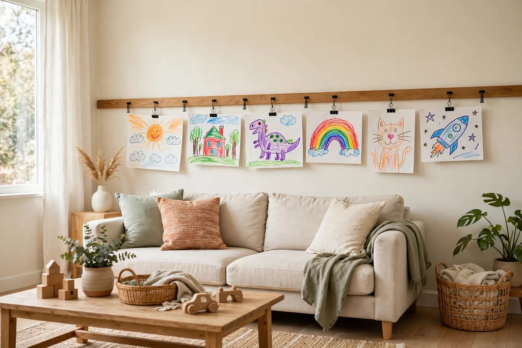 Wall with a wooden clip rail displaying children's drawings in a bright family room.