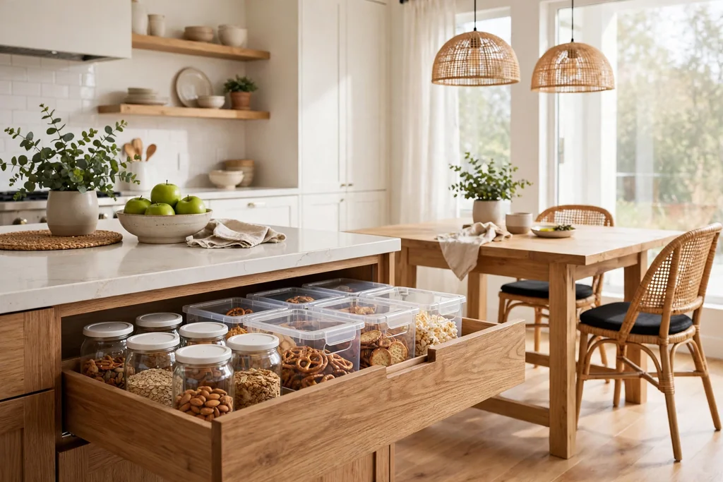 Kitchen with a low snack drawer with labeled jars and clear bins, near a dining table.