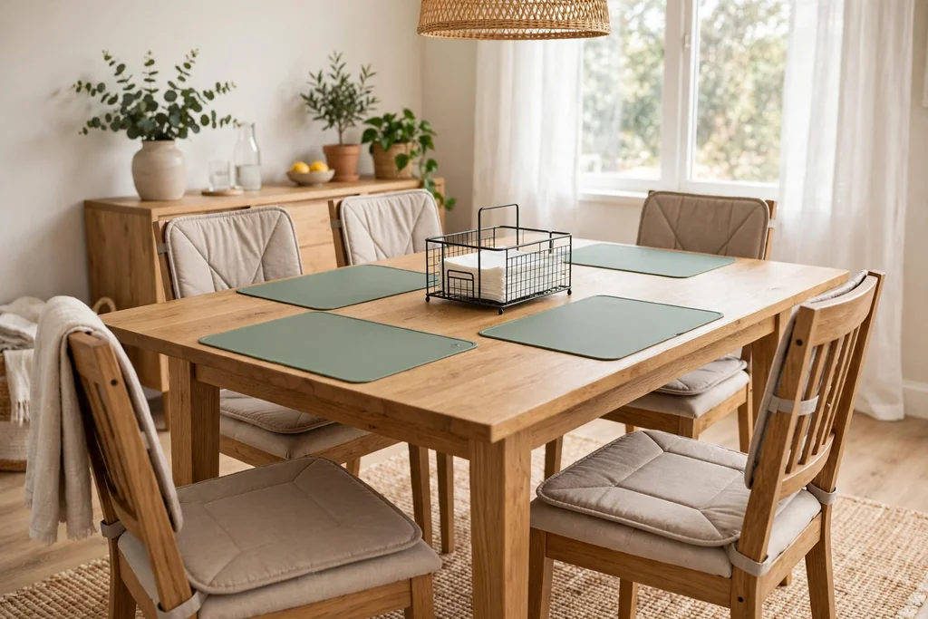 Dining table with wipe-clean placemats, a napkin caddy, and washable chair pads.