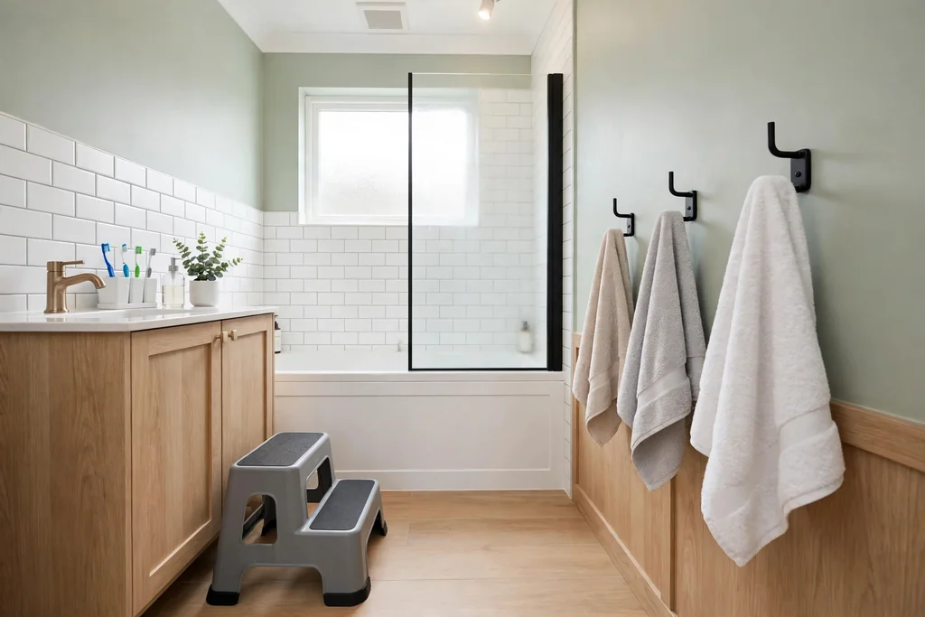 Bathroom with a sturdy non-slip step stool, low towel hooks, and a toothbrush caddy.