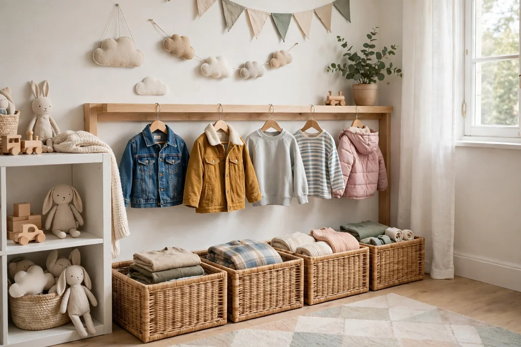 Child bedroom with a low wardrobe rail, hanging clothes, and open bins below.