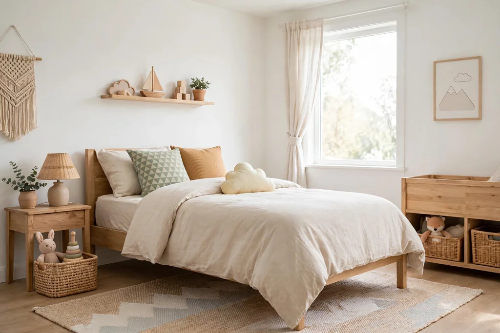 Child bedroom with easy-make bedding, a zip duvet cover, and few cushions on a neat bed.