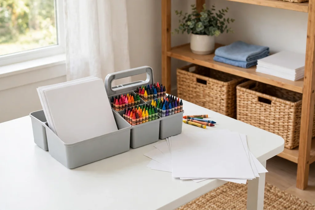 Craft and homework station with a portable caddy, paper, crayons, and a wipe-clean table.